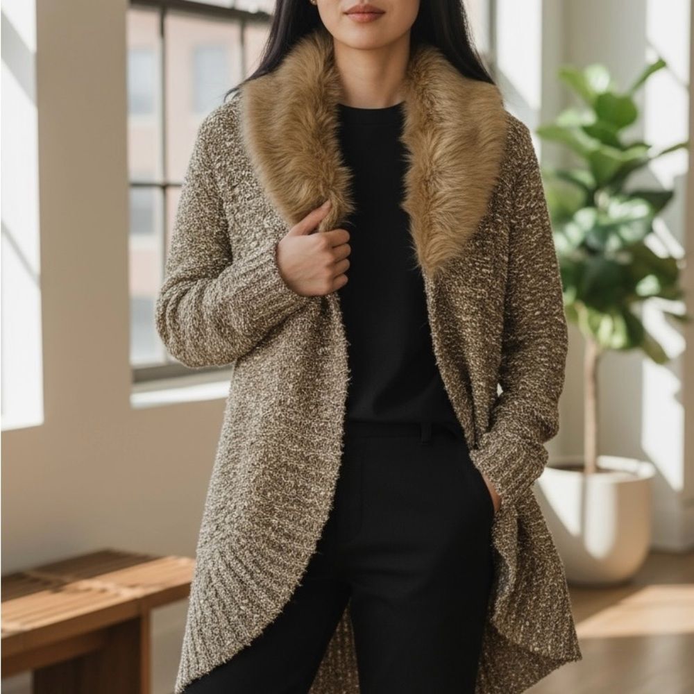 Saini Cozy Knit Cardigan Faux Fur Collar Metallic Gold Open Front Size XL